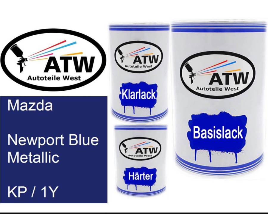 Mazda, Newport Blue Metallic, KP / 1Y: 500ml Lackdose + 500ml Klarlack + 250ml Härter - Set, von ATW Autoteile West.